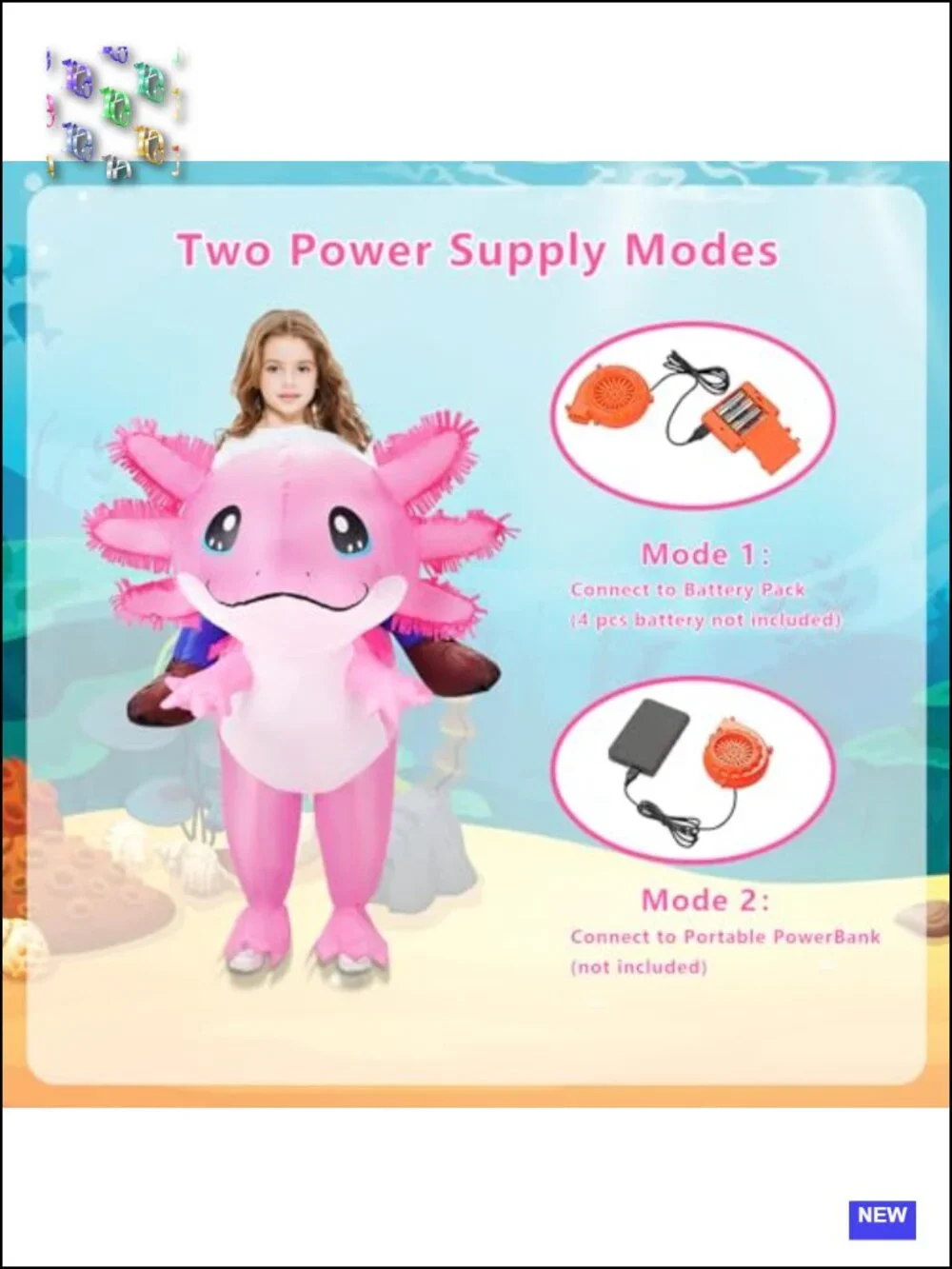 Kids Inflatable Axolotl Costume Ride On Blow Up Halloween Cosplay Party